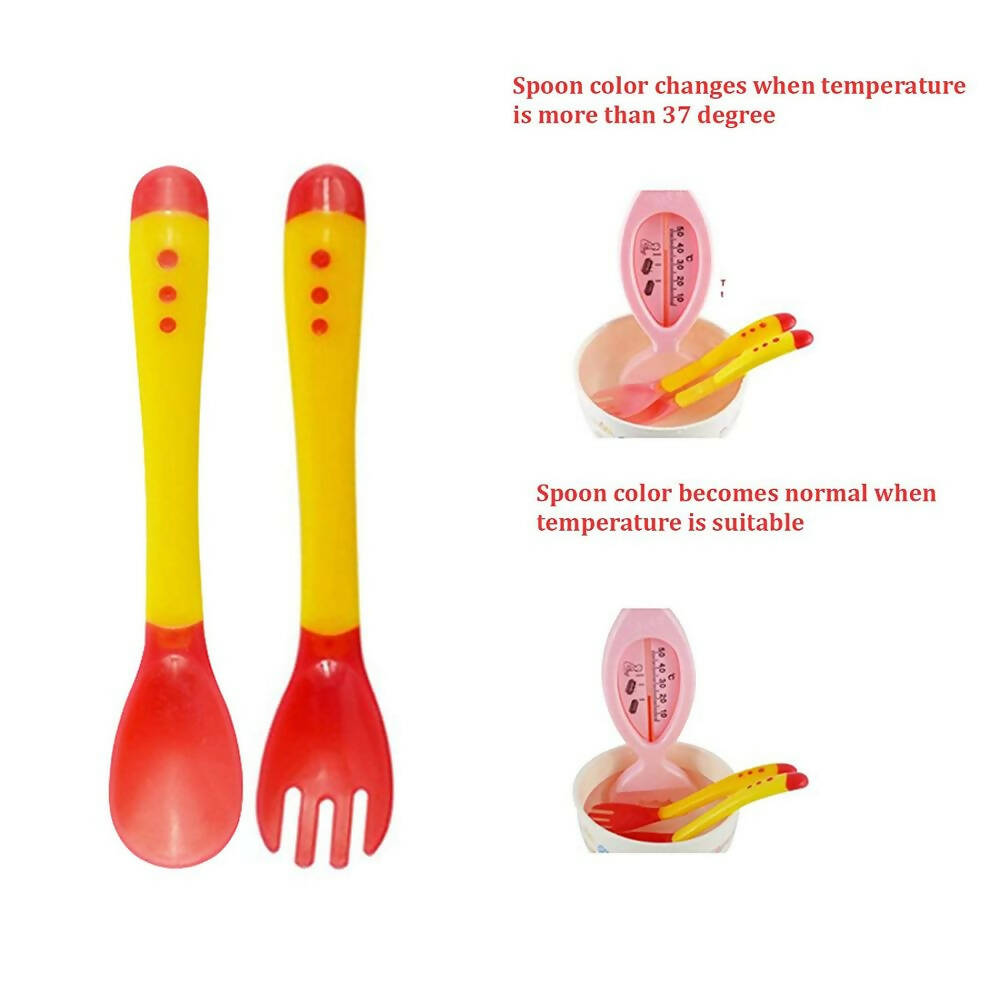 Safe-O-Kid Heat Sensitive 4 Spoons 4 Forks Set, Bpa Free, Silicone Tip, Red And Yellow