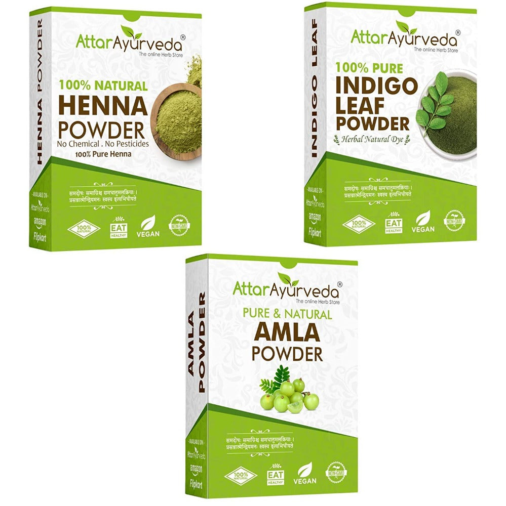 Attar Ayurveda Henna Leaves Powder, Indigo Leaves Powder and Amla Powder Combo