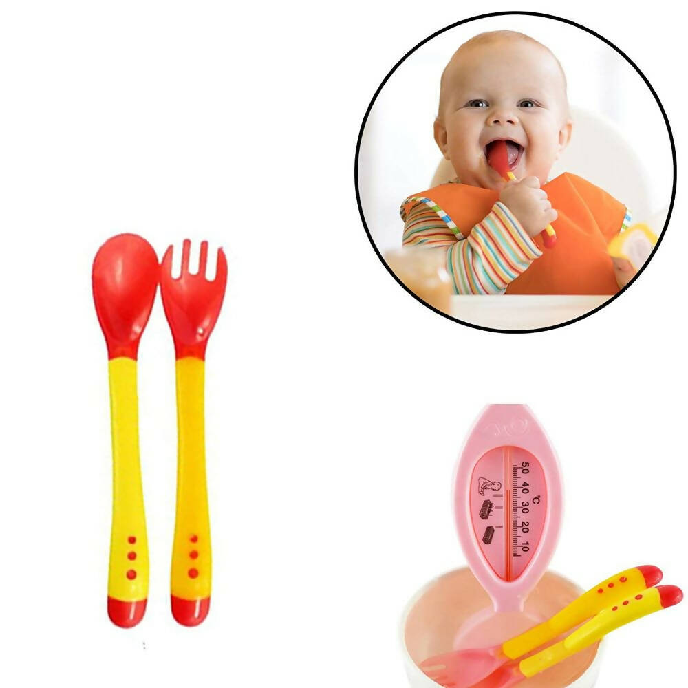 Safe-O-Kid Heat Sensitive 4 Spoons 4 Forks Set, Bpa Free, Silicone Tip, Red And Yellow