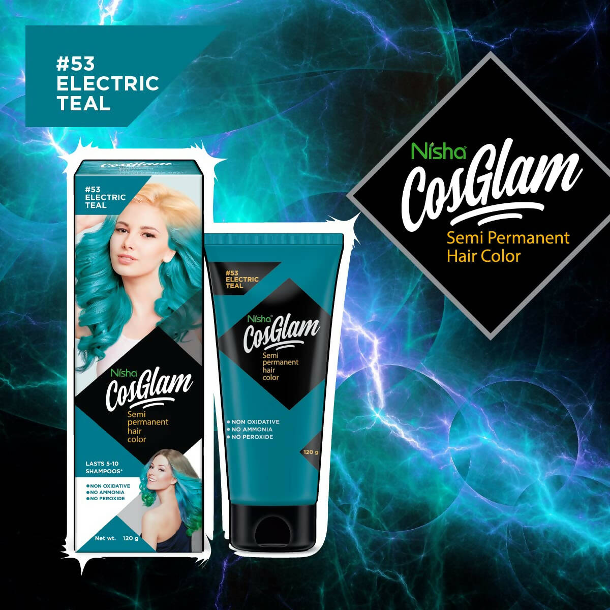 Nisha Cosglam Semi Permanent Hair Color 53 Electric Teal