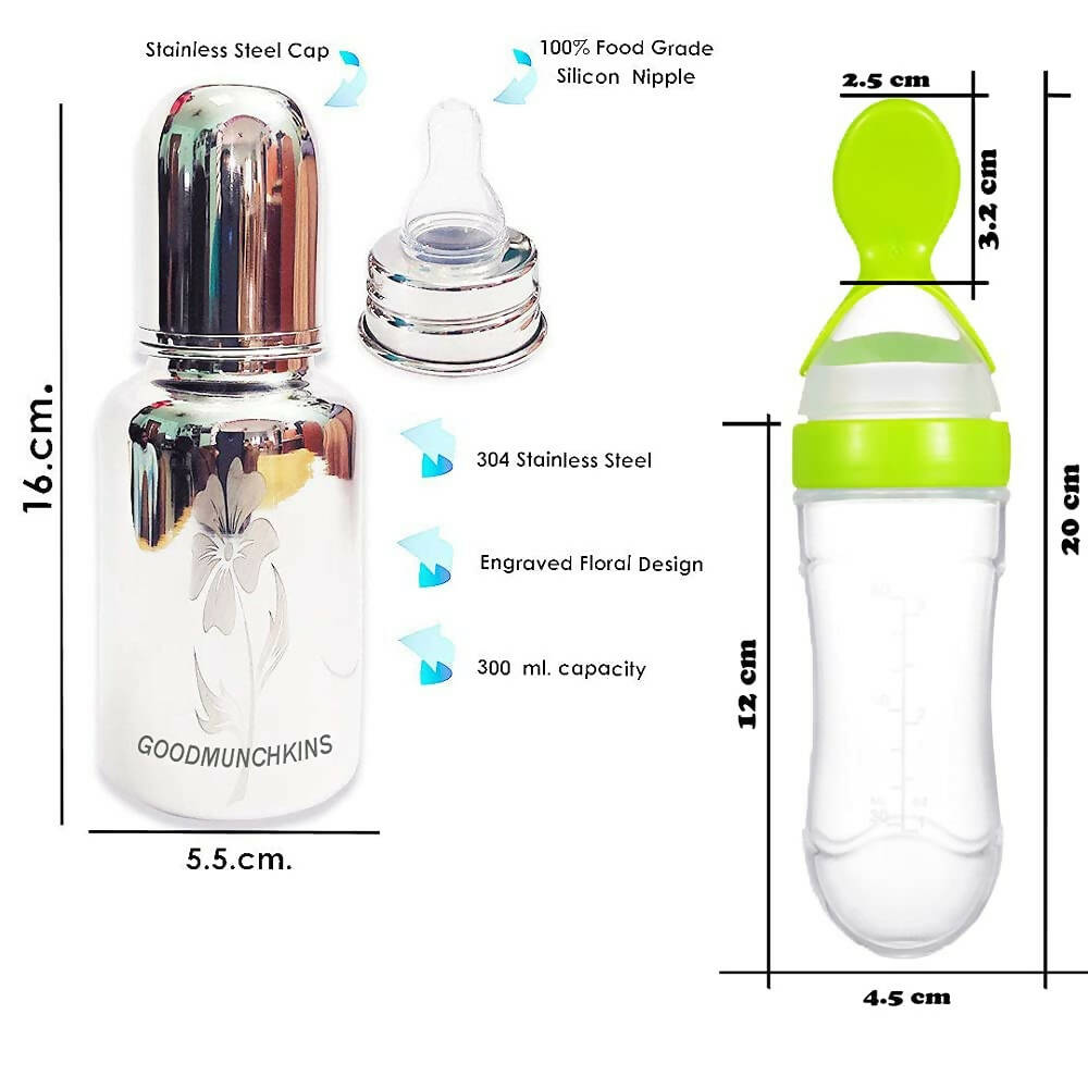 Goodmunchkins Stainless Steel Feeding Bottle, Food Feeder & Fruit Feeder Combo for Baby-(Green-Yellow, 300ml)