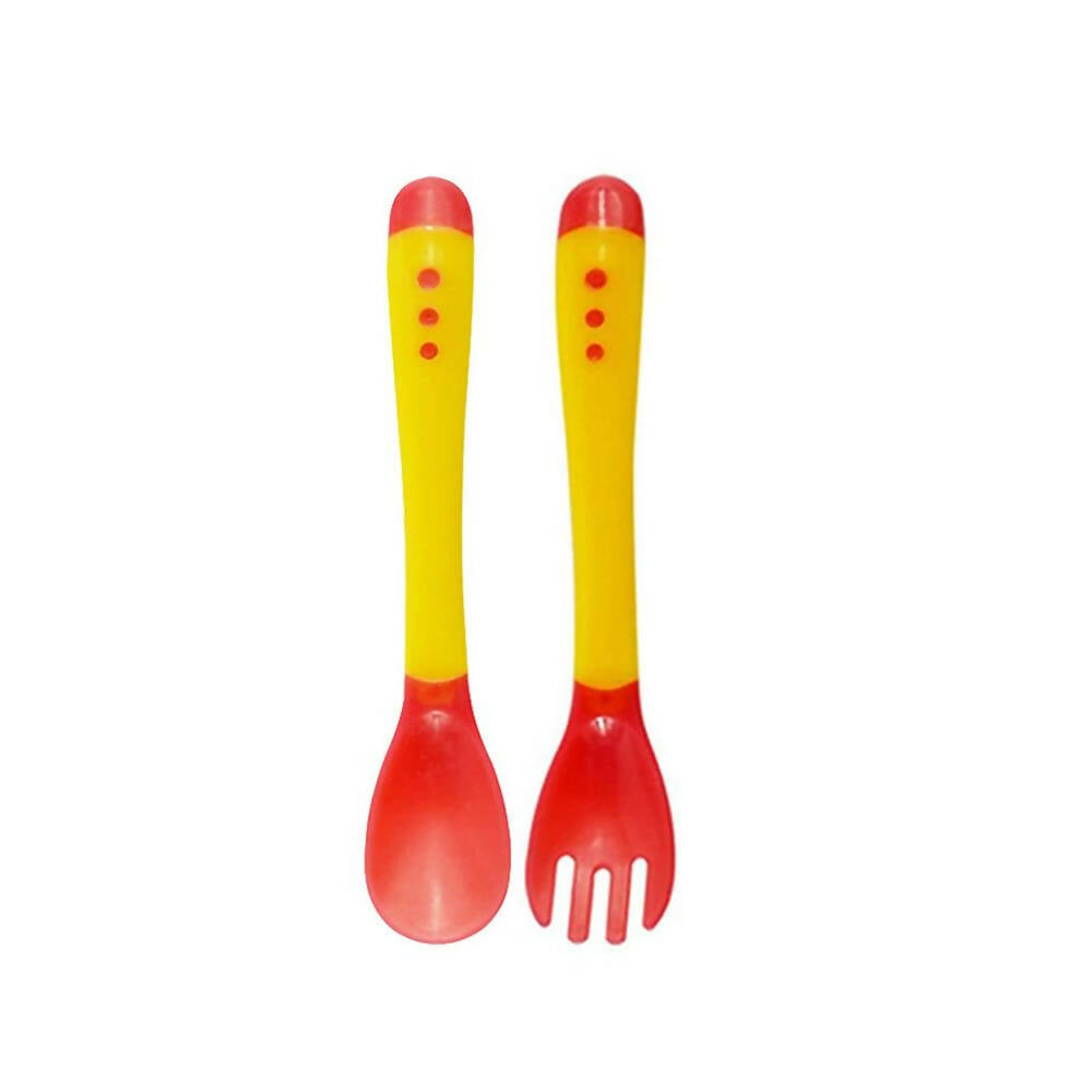 Safe-O-Kid Heat Sensitive 2 Spoons 2 Forks Set, Silicone Tip, Red And Yellow