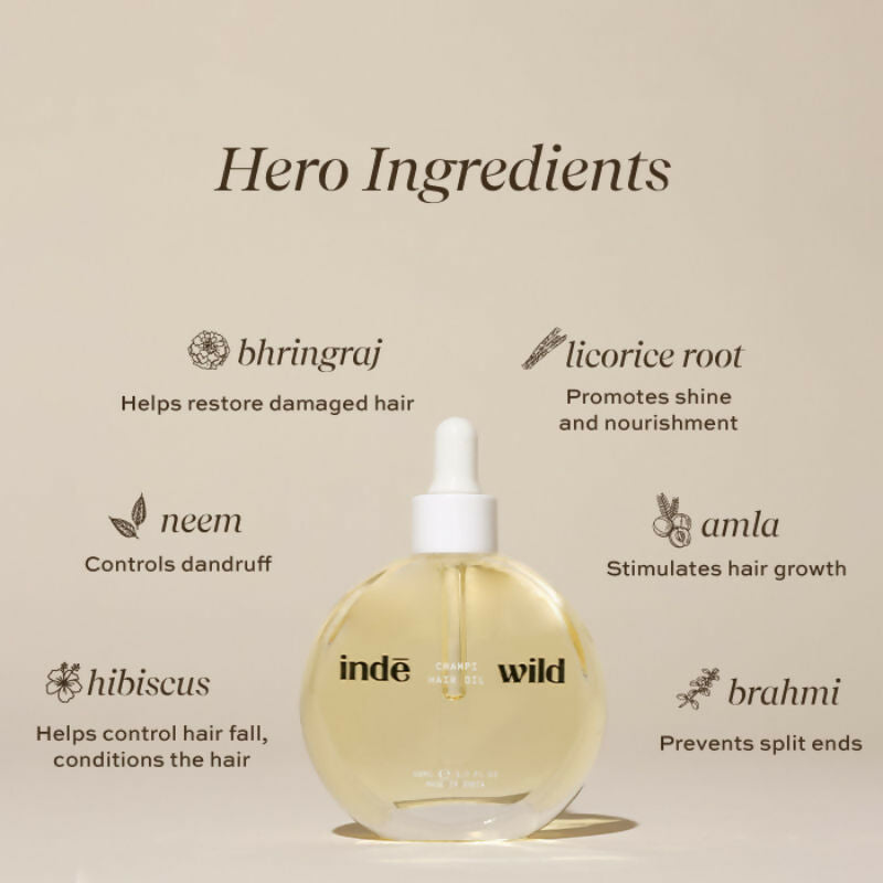 Inde Wild Champi Hair Oil With Bhringraj, Brahmi & Amla For Regrowth, Hairfall & Dandruff Control