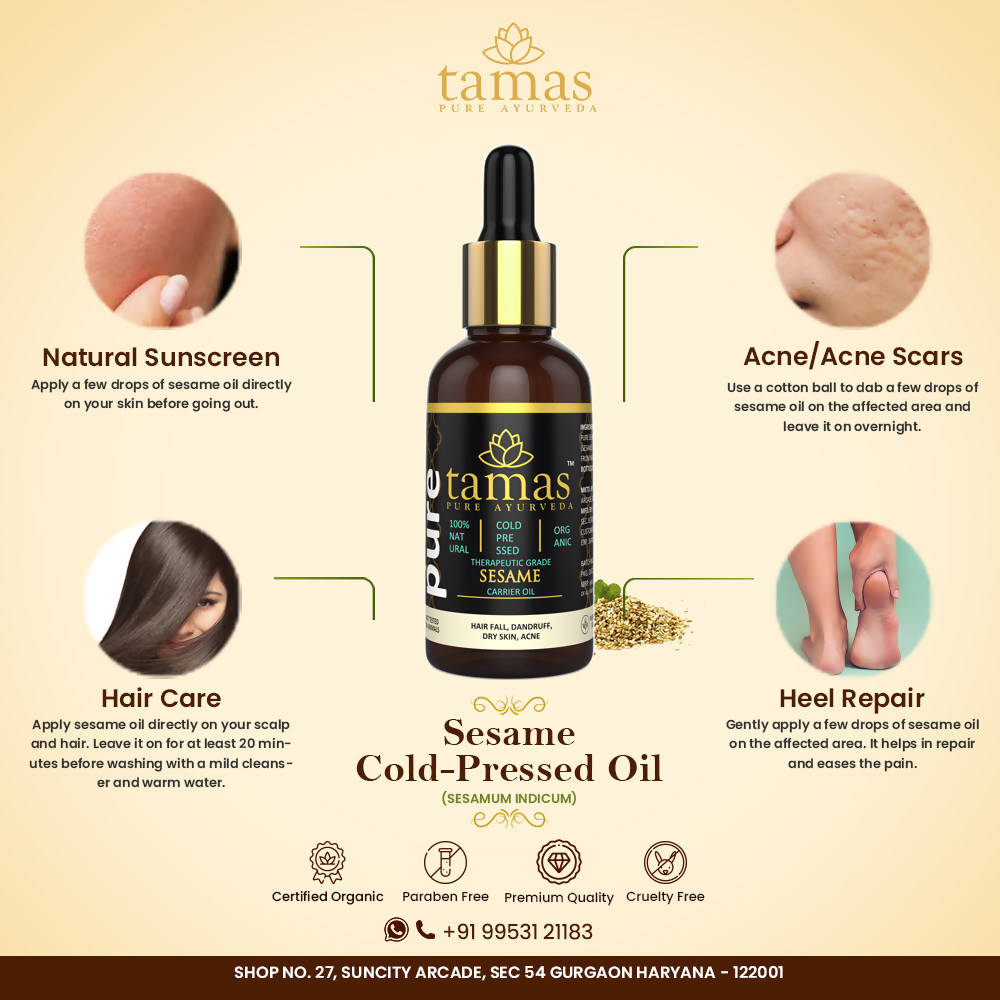 Tamas Pure Ayurveda 100% Organic Sesame Cold Pressed Carrier Oil- USDA Certified Organic- 30ML