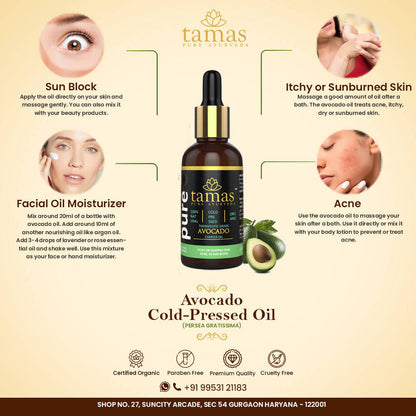 Tamas Pure Ayurveda 100% Organic Avocado Cold Pressed Carrier Oil- USDA Certified Organic- 30ML