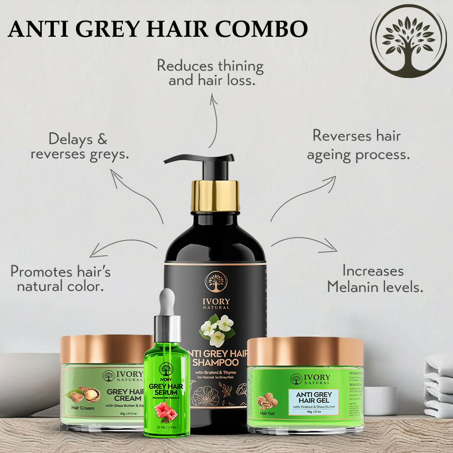 Ivory Natural Grey Hair Advanced Combo (Serum, Shampoo, Cream & Gel) For Both Men & Women