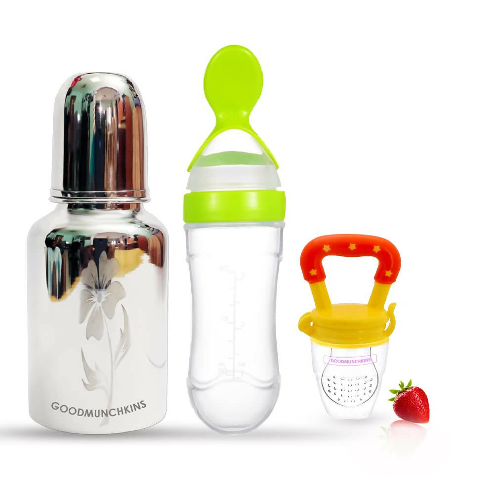 Goodmunchkins Stainless Steel Feeding Bottle, Food Feeder & Fruit Feeder Combo for Baby-(Green-Yellow, 300ml) -  USA, Australia, Canada 