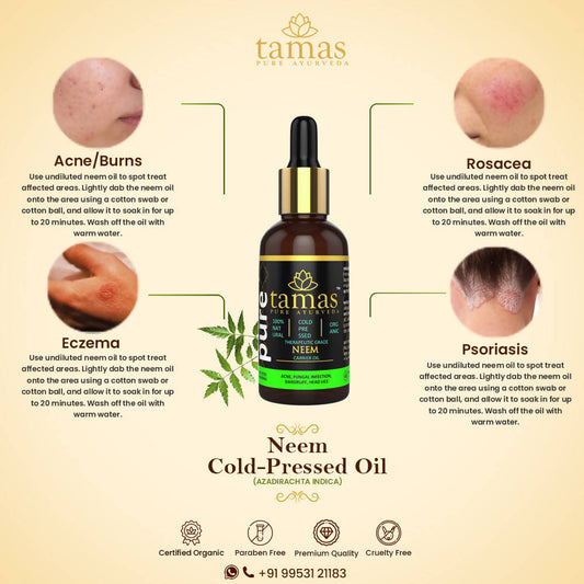 Tamas Pure Ayurveda 100% Organic Neem Cold Pressed Carrier Oil- USDA Certified Organic- 30ML