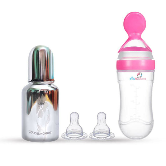 Goodmunchkins Stainless Steel Feeding Bottle & Spoon Food Feeder Anti Colic Silicone Nipple Combo-(Pink,150ml) -  USA, Australia, Canada 