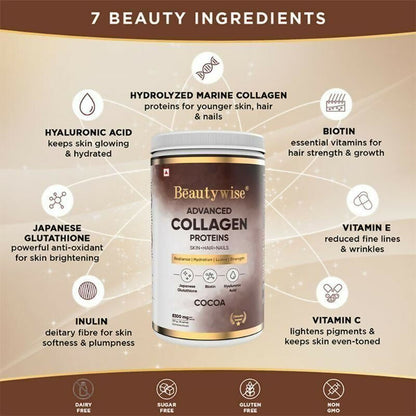 Beautywise Advanced Marine Collagen Anti-Aging Powder - Glutathione, HA & Biotin - Cocoa