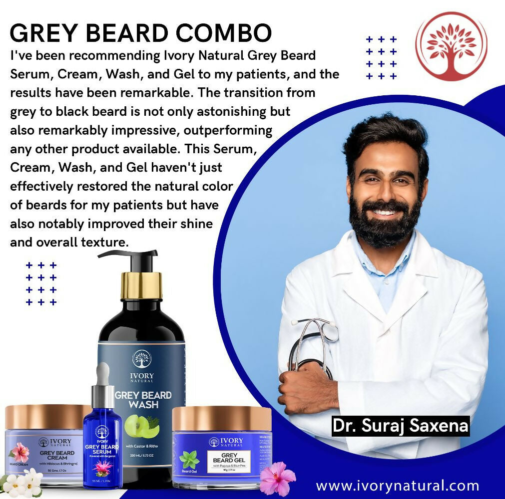 Ivory Natural Grey Beard Combo (Serum, Cream, Wash & Gel) Restore Your Silver Beard To Natural Color