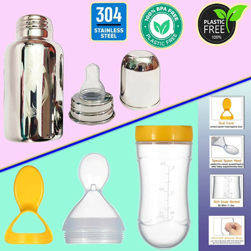 Goodmunchkins Stainless Steel Feeding Bottle, Food Feeder & Fruit Feeder Combo for Baby-(White-Green, 220ml)