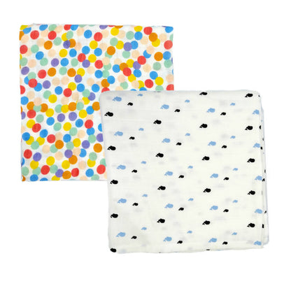 Kindermum Organic Cotton Muslin Swaddle Blanket 110 Cm X 110 Cm - Set Of 2 - Colorful Polka And Whale -  USA, Australia, Canada 