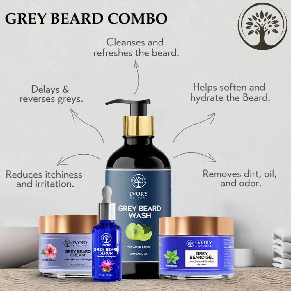 Ivory Natural Grey Beard Combo (Serum, Cream, Wash & Gel) Restore Your Silver Beard To Natural Color